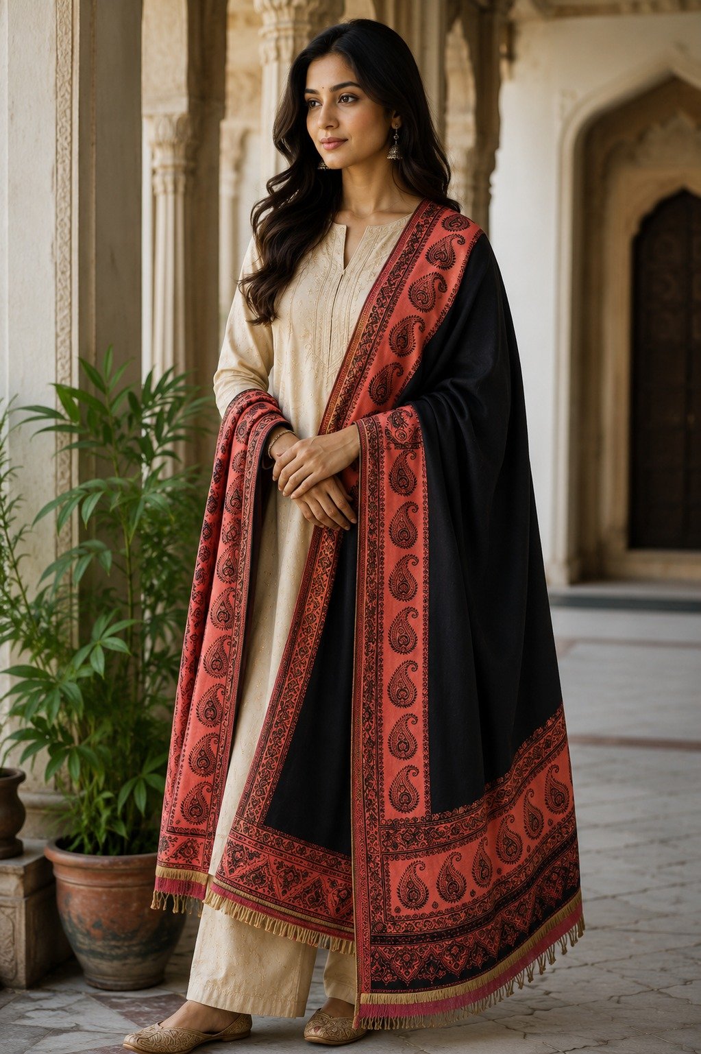 Model draped in Acrylic Shawl Black Coral Paisley design